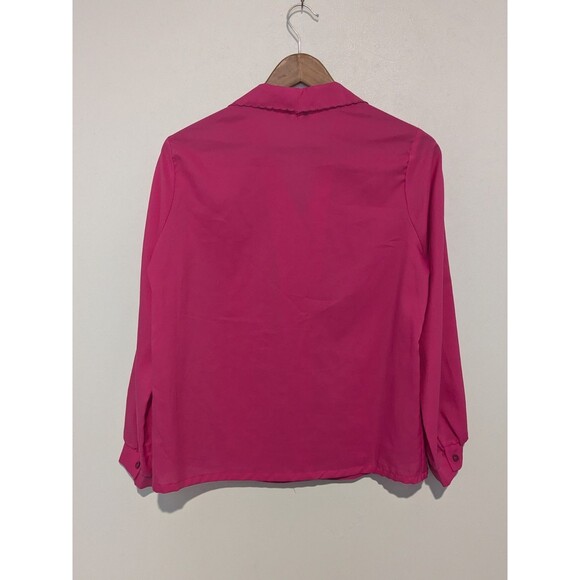 Vintage 80s  Silky Fuschia Pink Embroidered Collar Long Sleeve Blouse - Picture 3 of 4